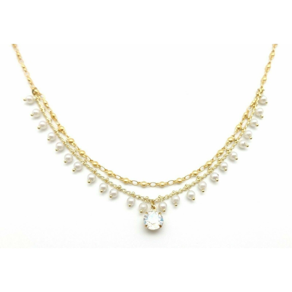 Clara Beau Swarovski Clear Crystal & White Pearl 14k Gold Plated Necklace NEW